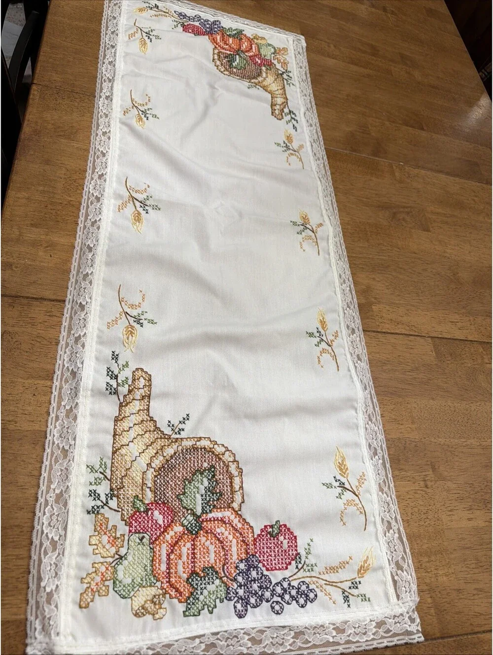 VTG Thanksgiving Table Runner Needlepoint Cornucopia Harvest Fall Decor 16x44”